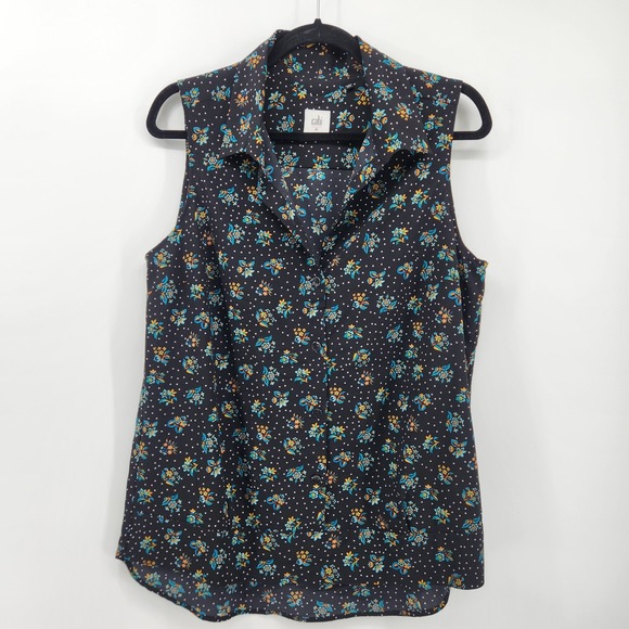 CAbi Tops - Cabi Black Blue Polka Dot Floral‎ Sleeveless Blouse Top Button Down Collared M